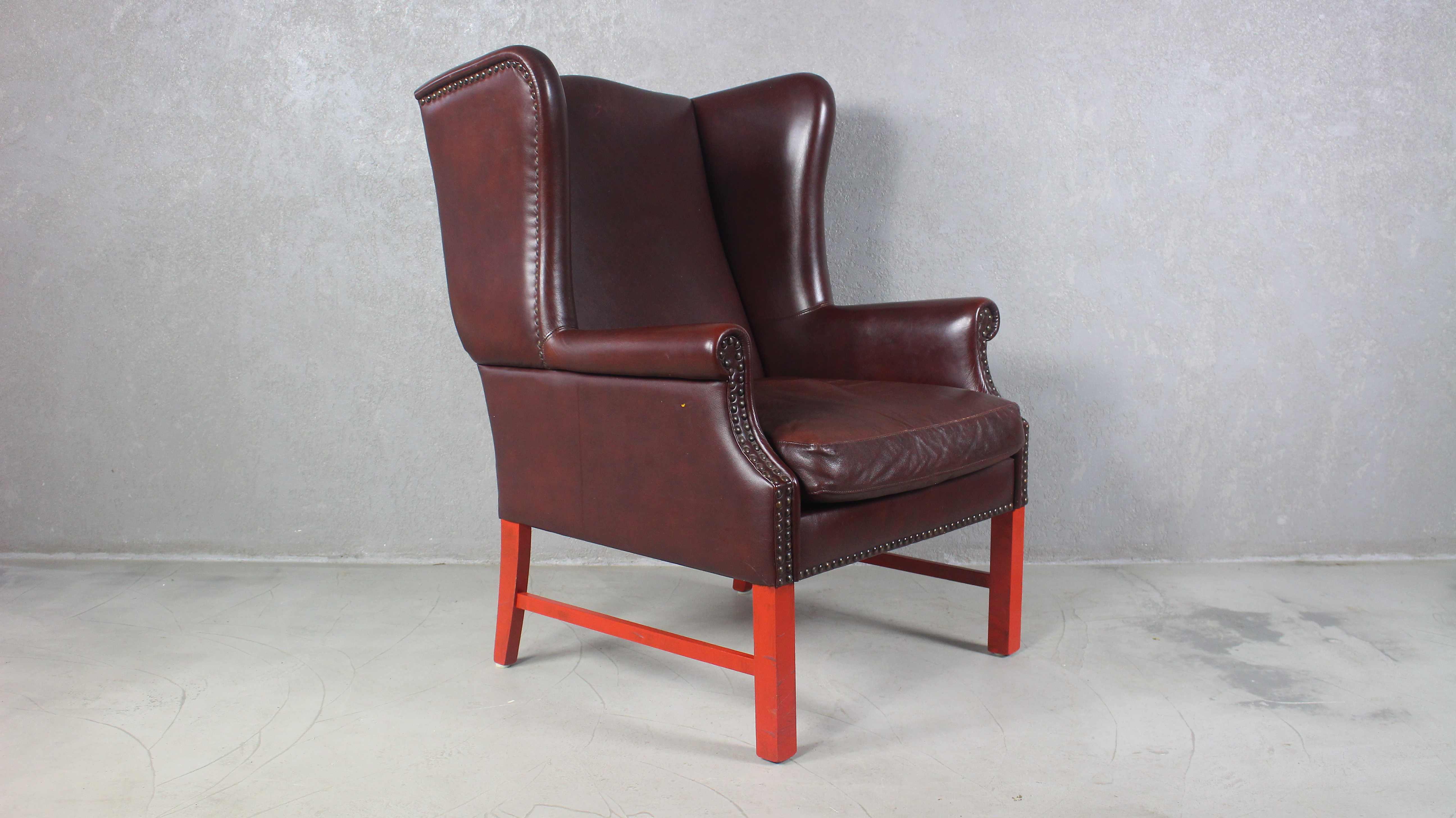 English Georgian Style Brown Leather Wingback Armchair