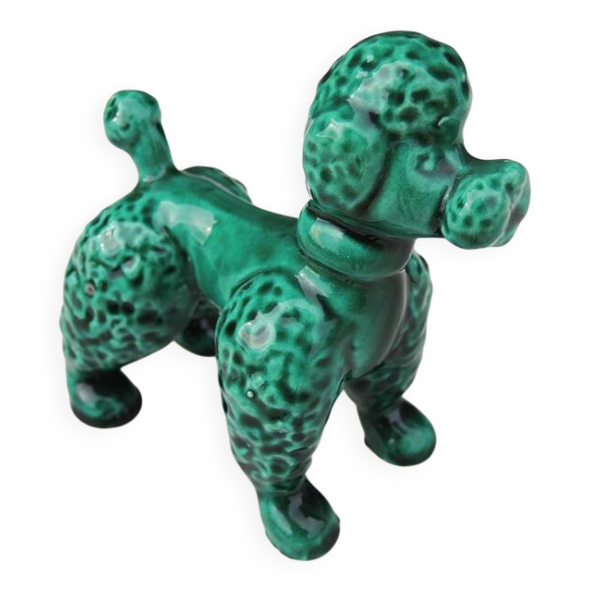 Ancienne figurine caniche en barbotine verte