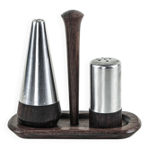 Ensemble de sel et poivre danois en bois et acier avec plateau, années 1970.
