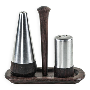 Danish salt and pepper set in wood and steel with tray, 1970s