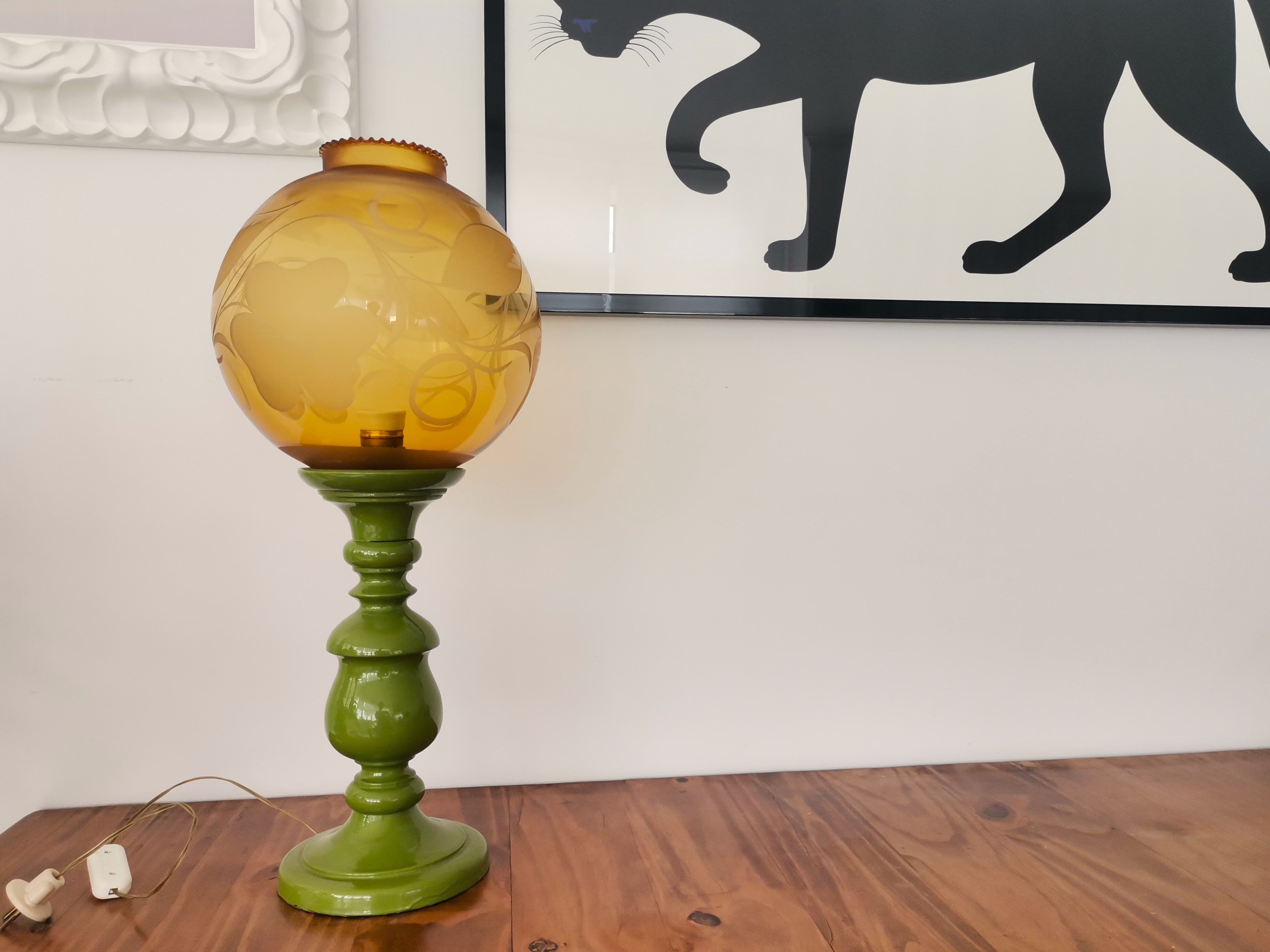 Mid-century italian yellow & green wood and glass table lamp