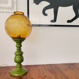 Lampe de table italienne en bois et verre jaune et vert jaune et vert du milieu du siècle