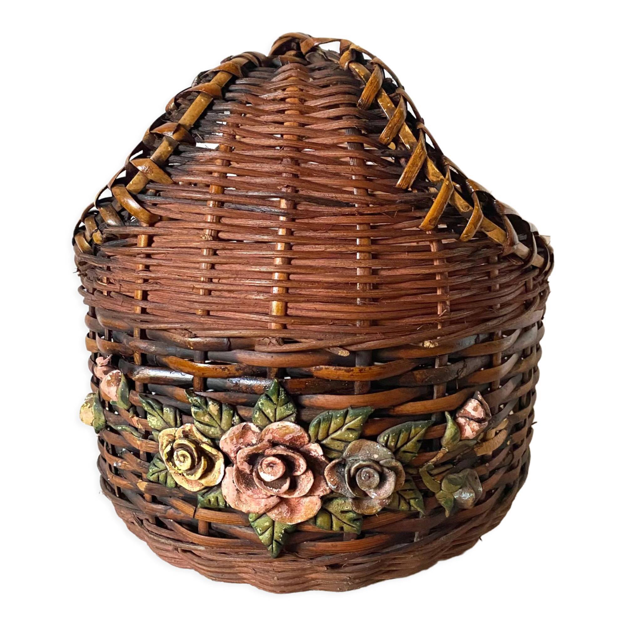 Flowery woven wicker basket
