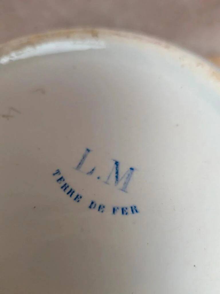 Small antique ironstone jug L.m Creil and Montereau with blue floral decoration.