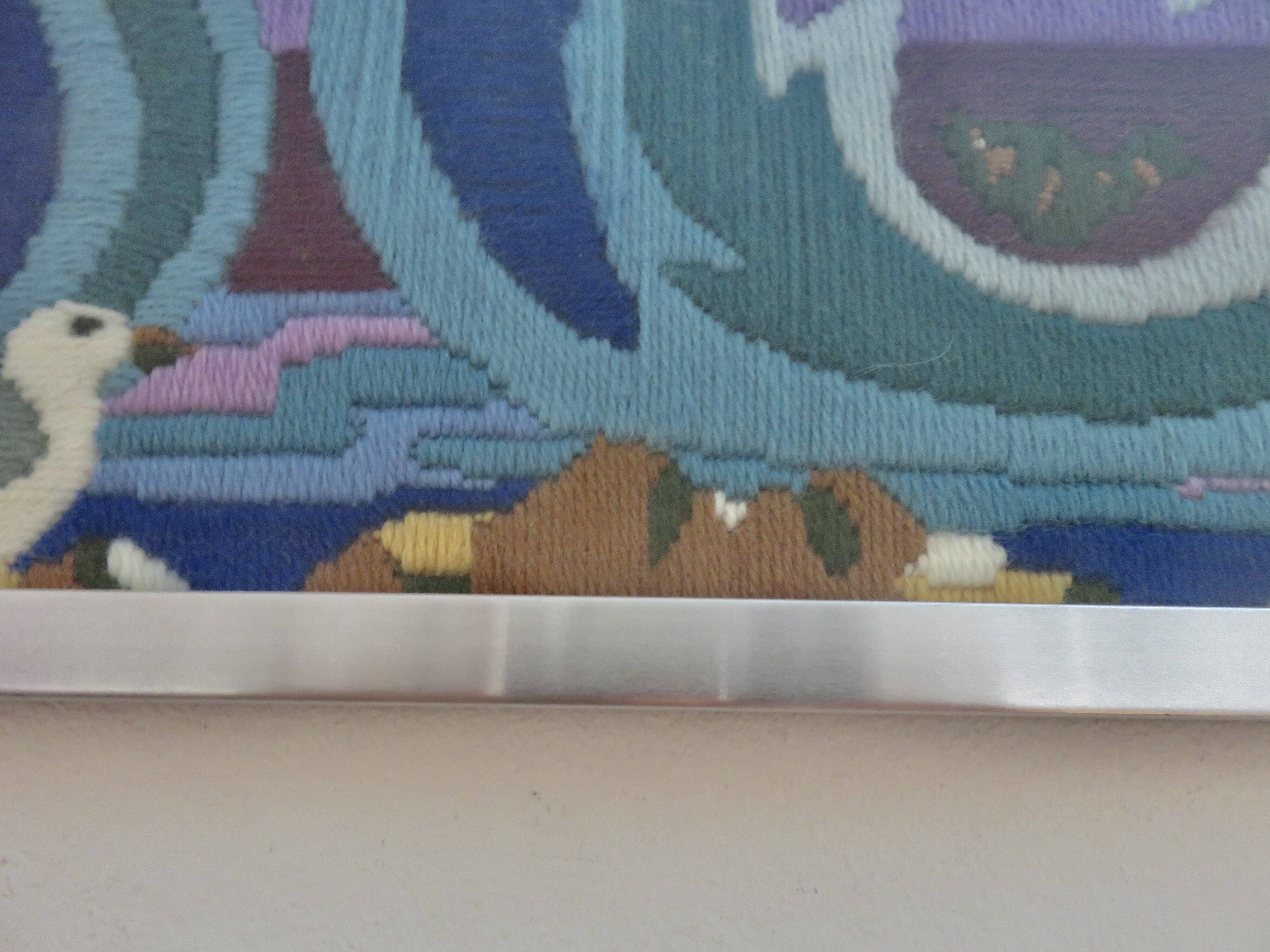 Futuristic tapestry, made of wool, framed, seagulls, ocean, fish, 1970.