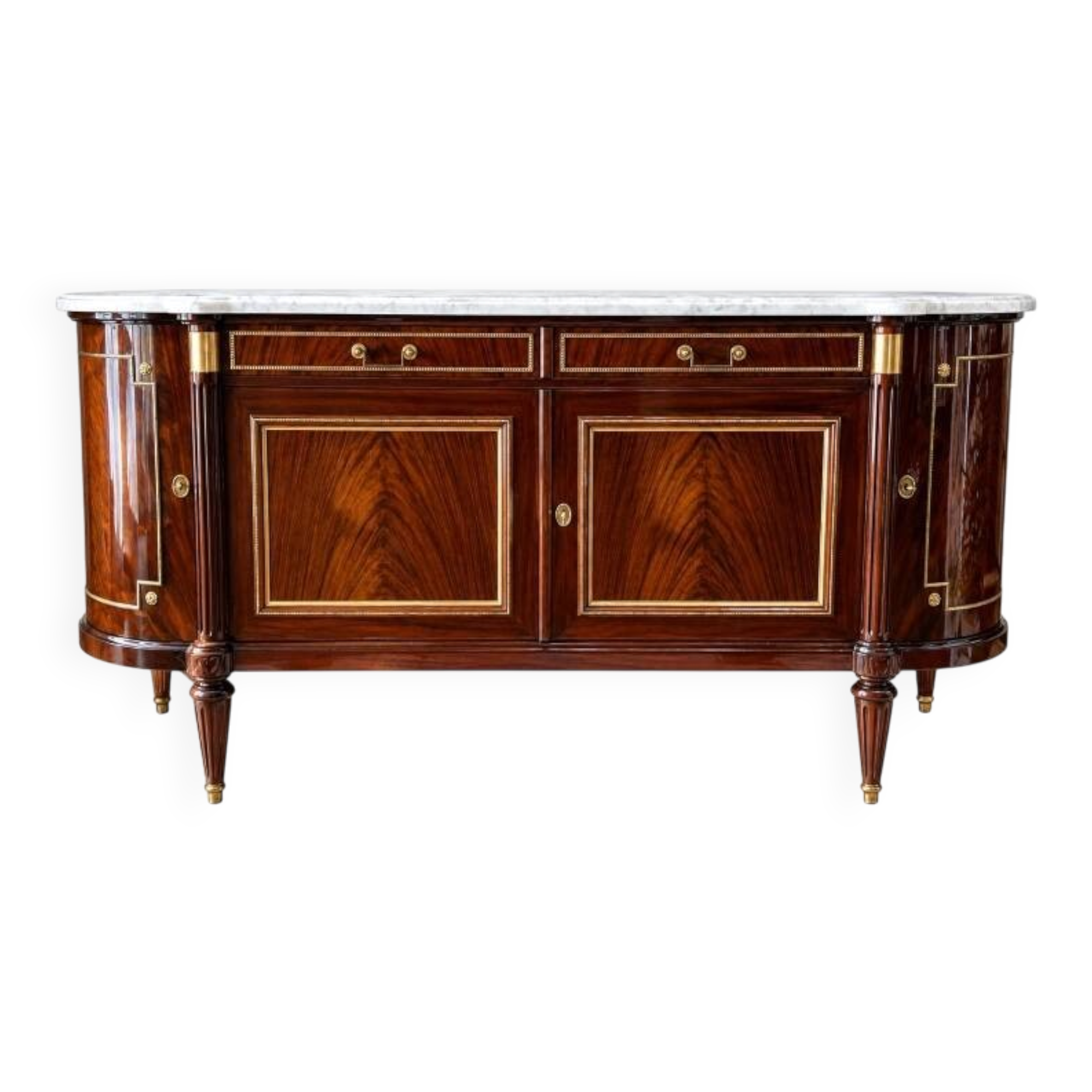 Louis XVI style sideboard in flame mahogany veneer.