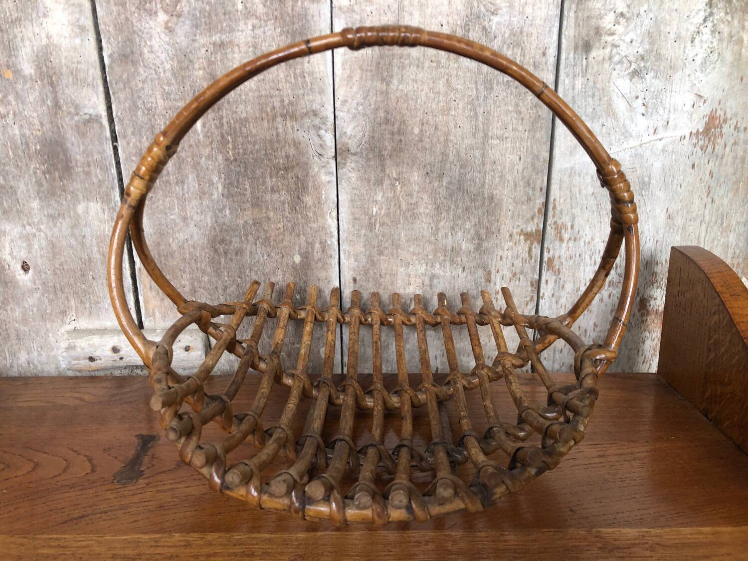 Old rattan picking basket vintage wood garden