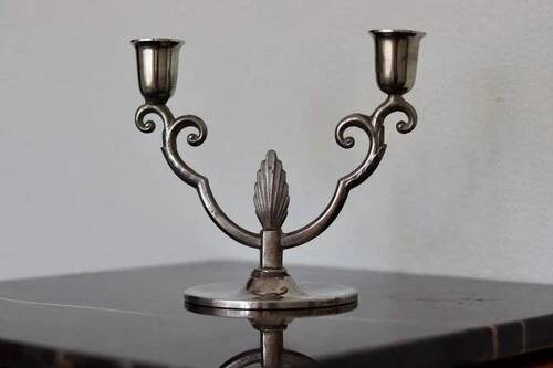 Vintage Pewter Double-Arm Candelabra – Art Nouveau Style Candle Holder