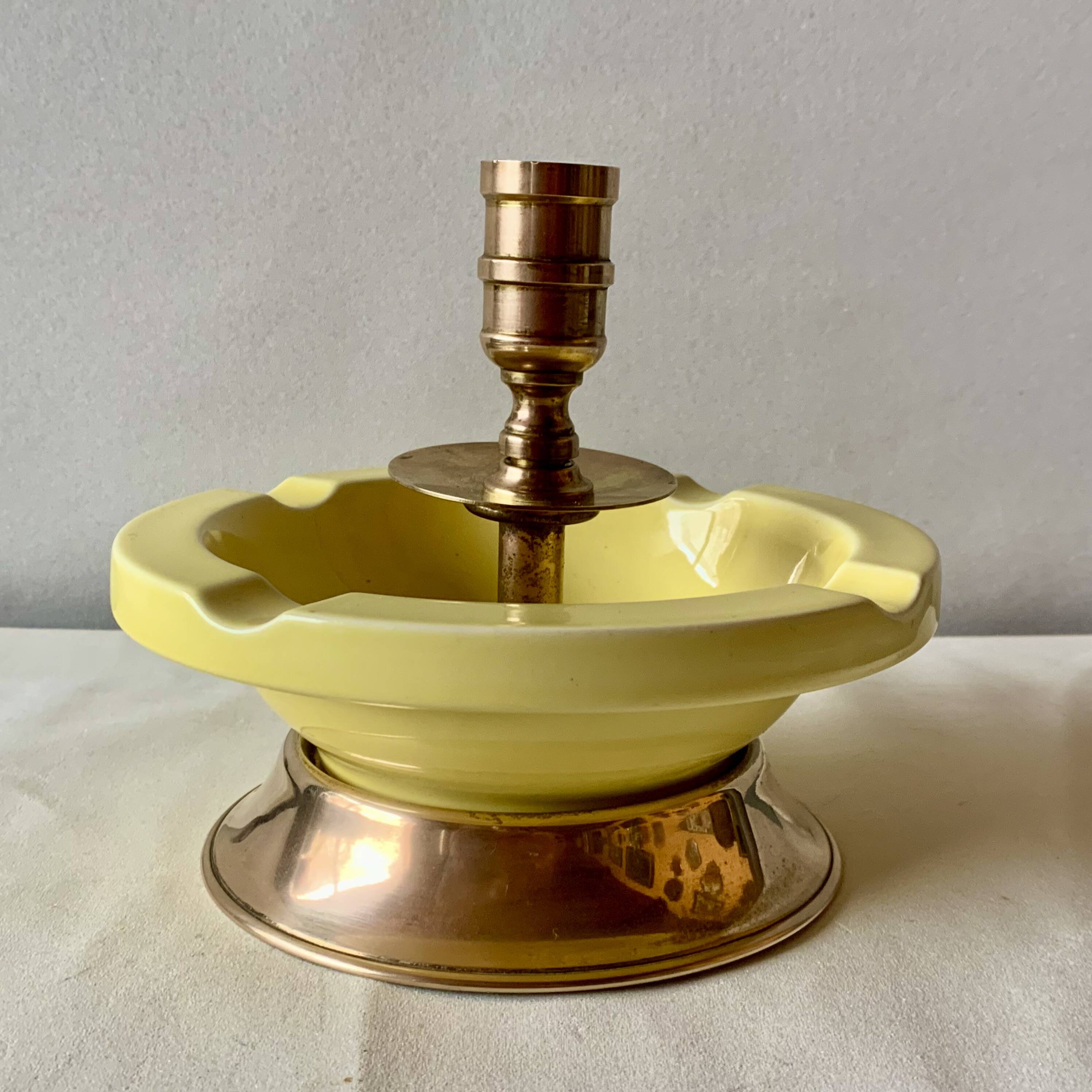 Large vintage brass and yellow glazed ceramic candle holder-ashtray