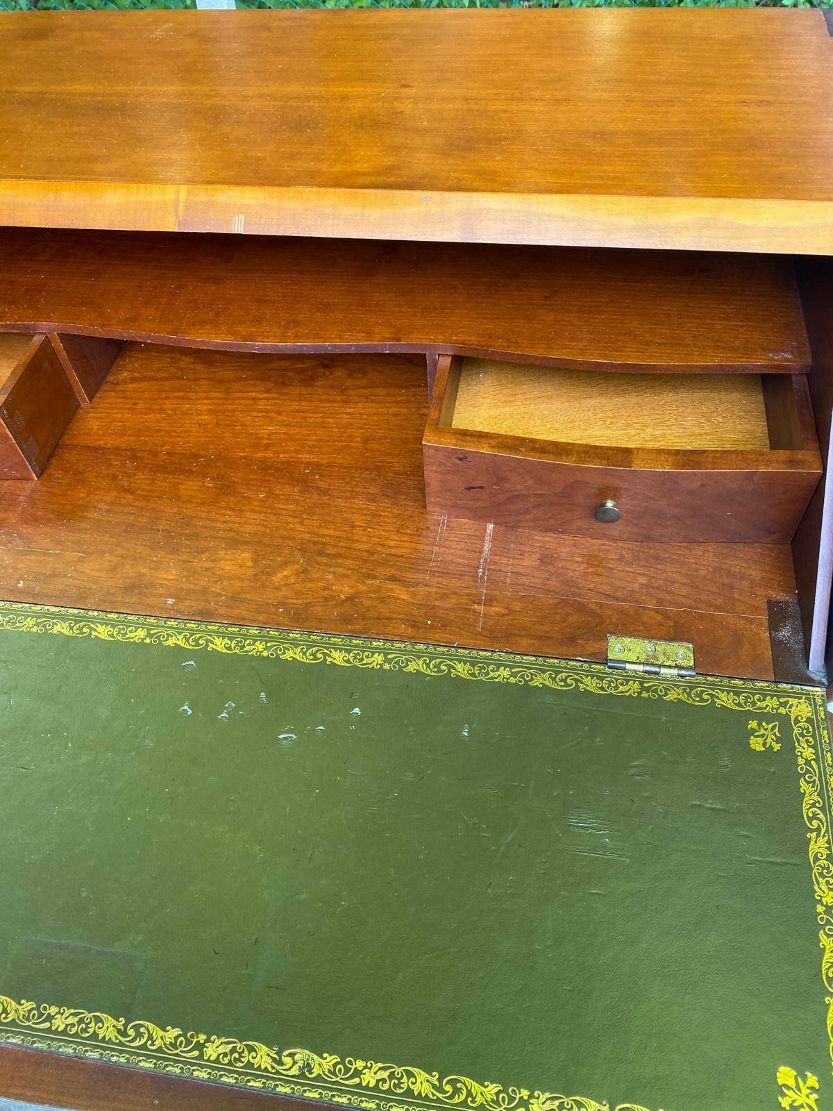 Louis XV solid wood and green leather writing desk secretary, 1950.