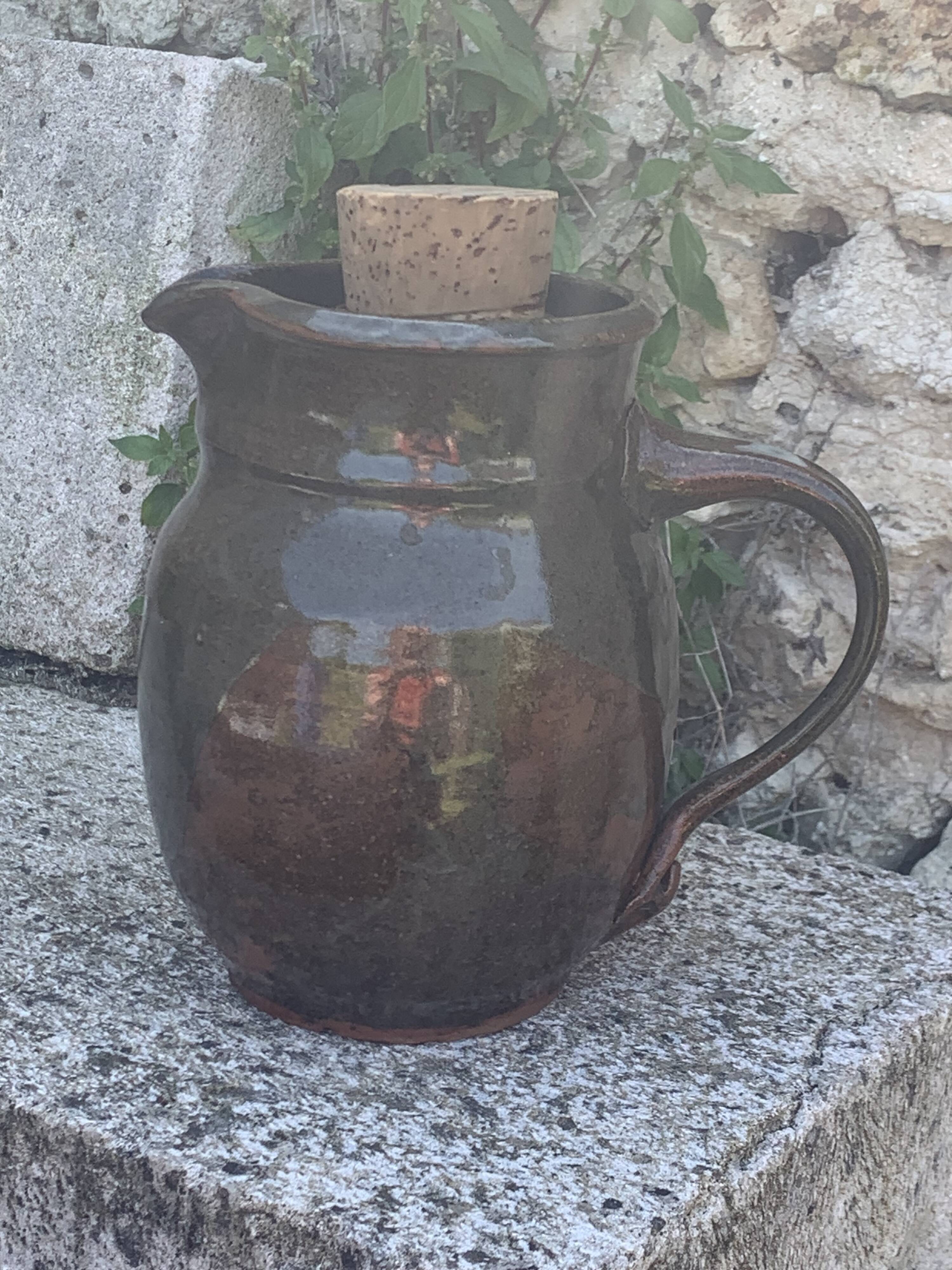 Pitcher, carafe, refreshing jug, ice cube jug, in brown glazed stoneware,