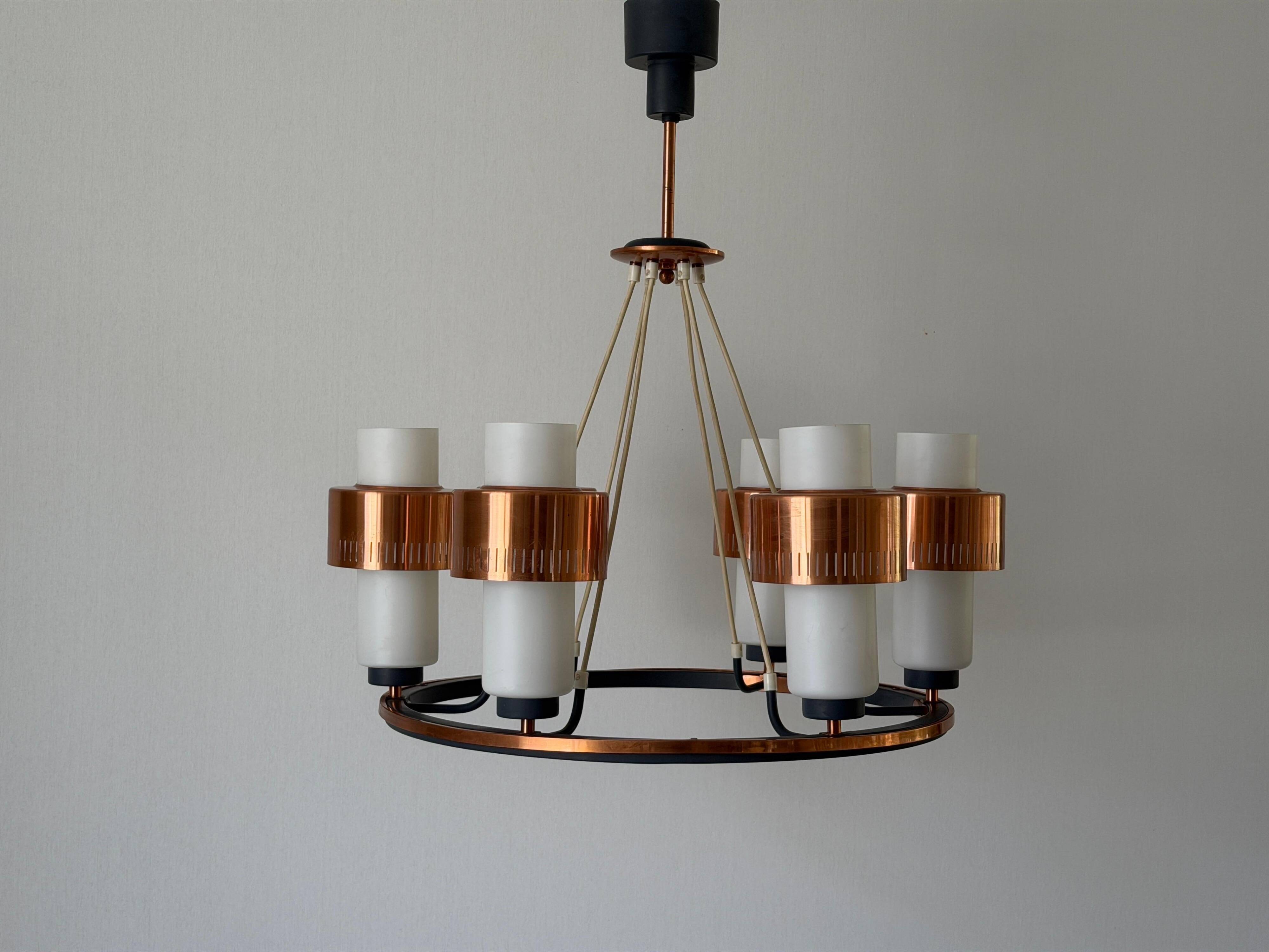 Large ceiling light with 6 arms in copper metal and glass, 1960s, Germany