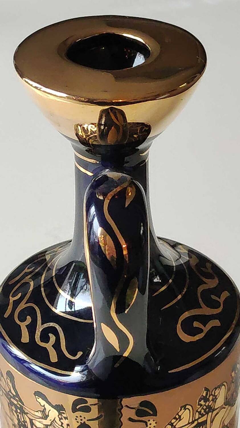 Greek Amphora Vase/Scenes of life Greek Mythology. Signed KA. Handmade in Greece, gilded with 24c fine gold. High 22.5 cm