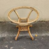 belle table de repas en bambou rotin des années 1970 avec plateau en verre