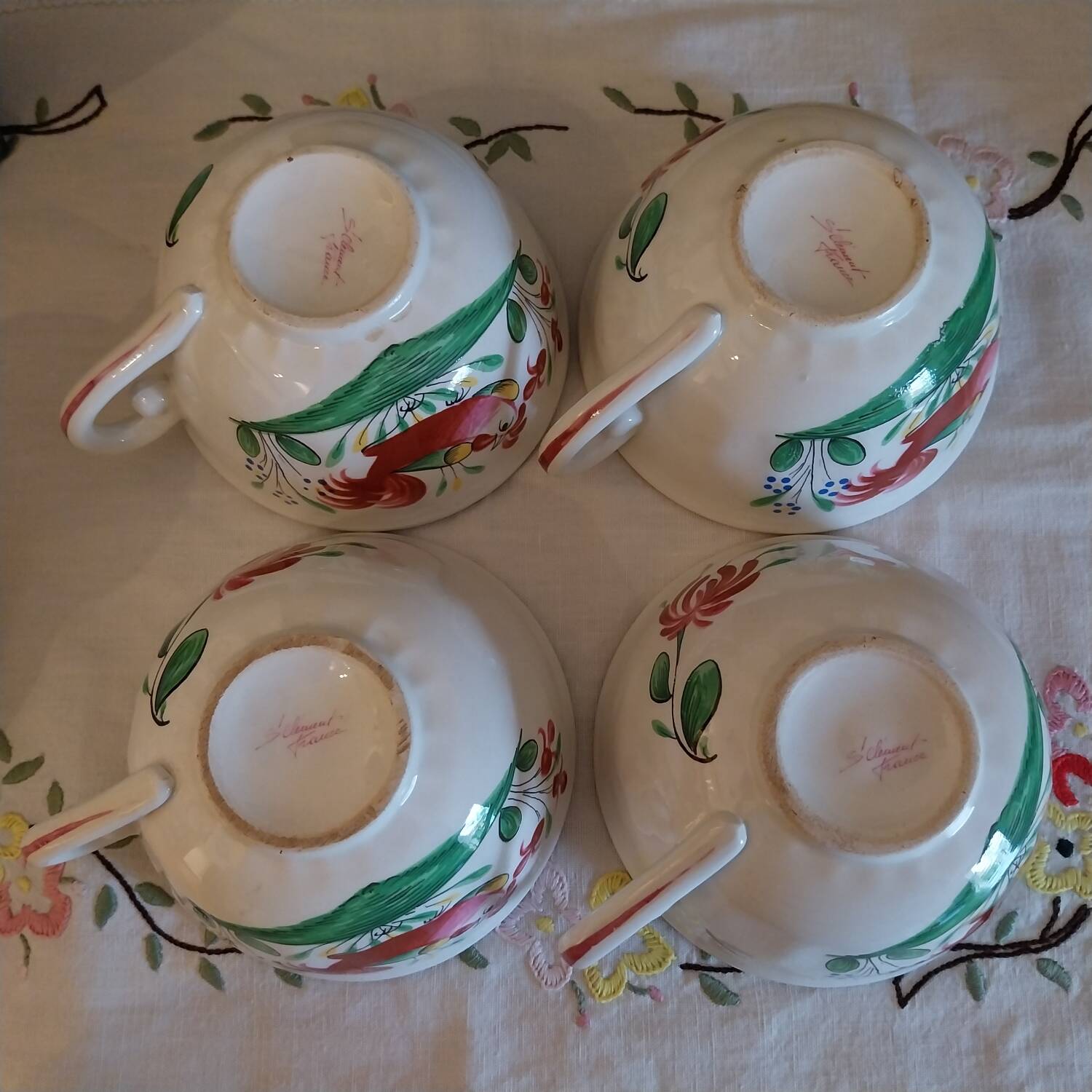 St Clement France earthenware cups, Le Cop decor