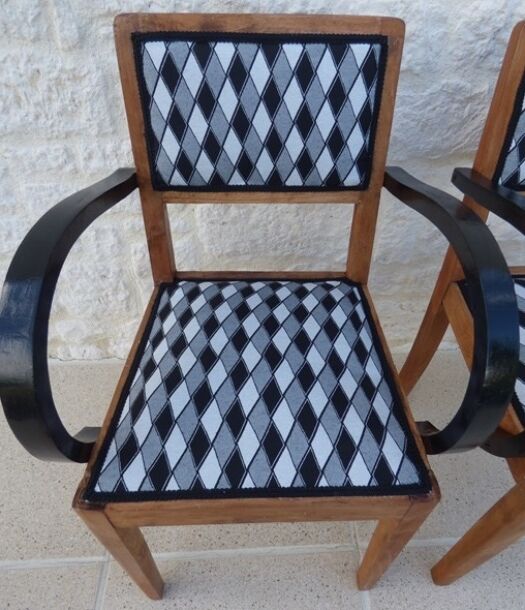 2 bridge armchairs in solid wood with totally restyled fabrics