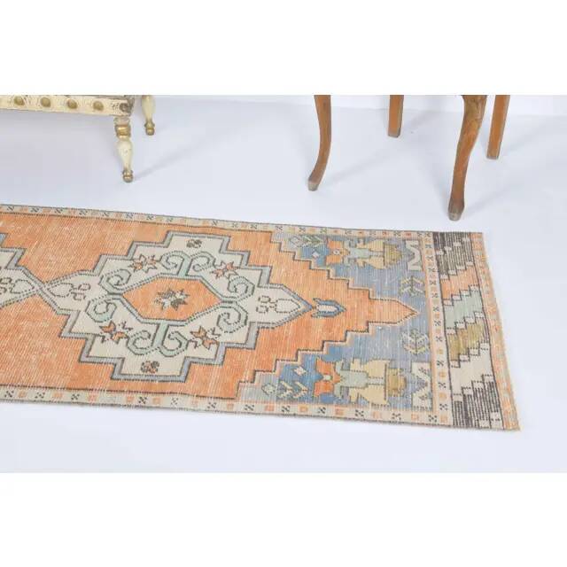 Vintage Turkish Hand-Knotted Wool Cotton Orange Runner Rug 69x271