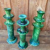 Trio of Tamegroute candlestick holders in enamelled ceramic.