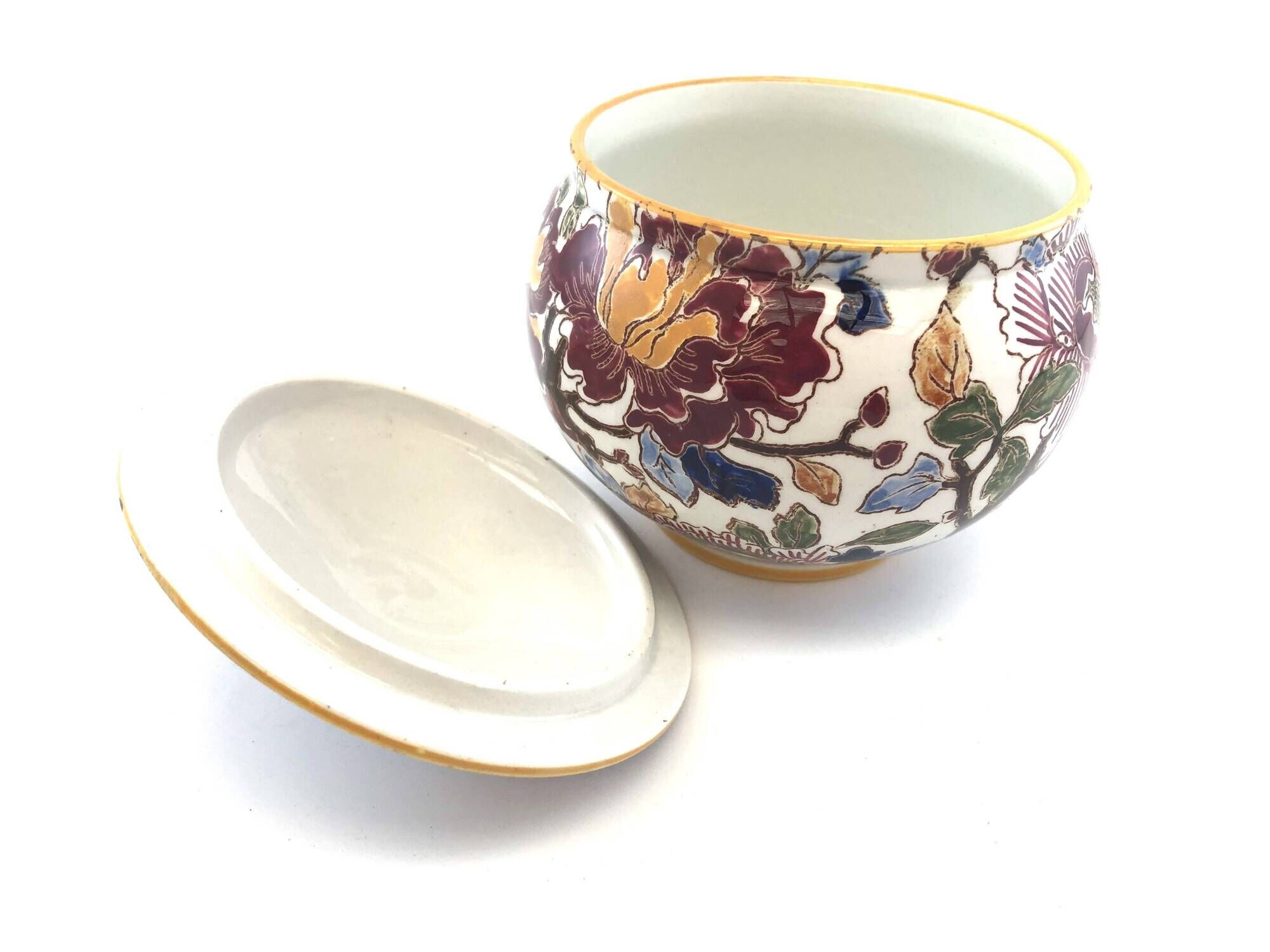 Old Sugar Bowl Candy Box Covered Earthenware Pot Gien Peonies