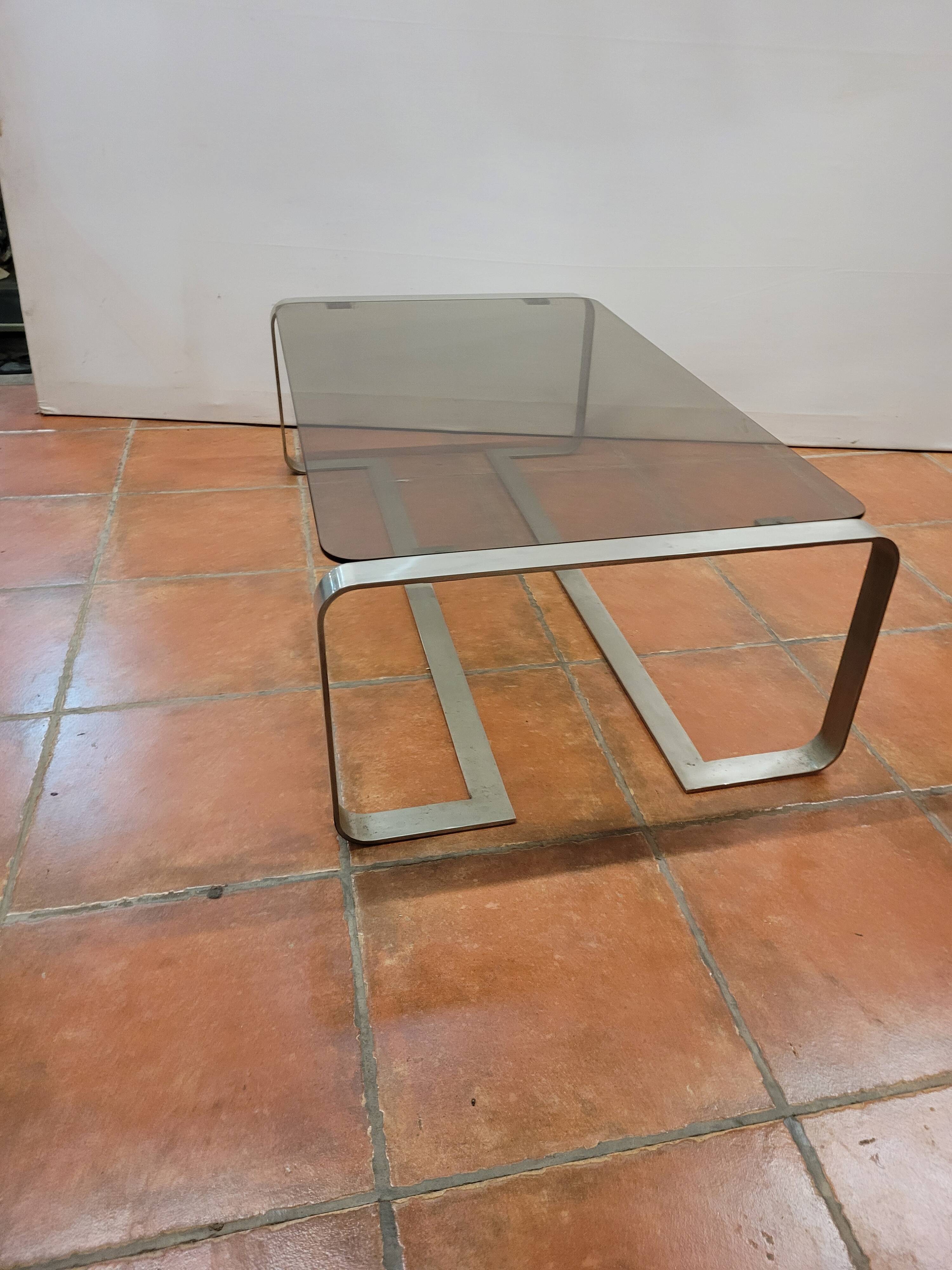 Coffee table with stainless steel base and smoked glass, from the 70s
