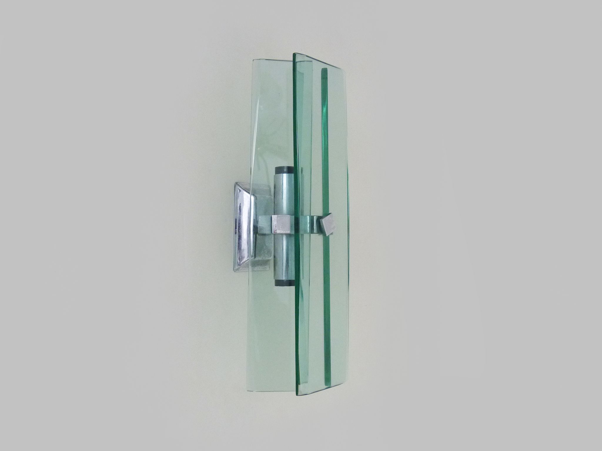 Stainless steel wall lamp and bluish glass, 2 lights, Veca 1960