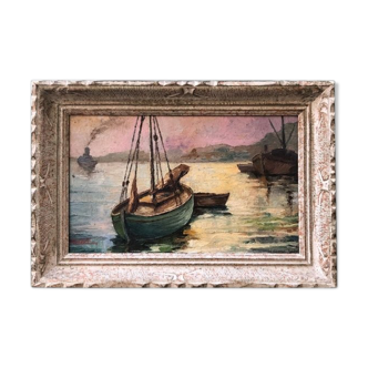 Old painting "Boats at sunset"
