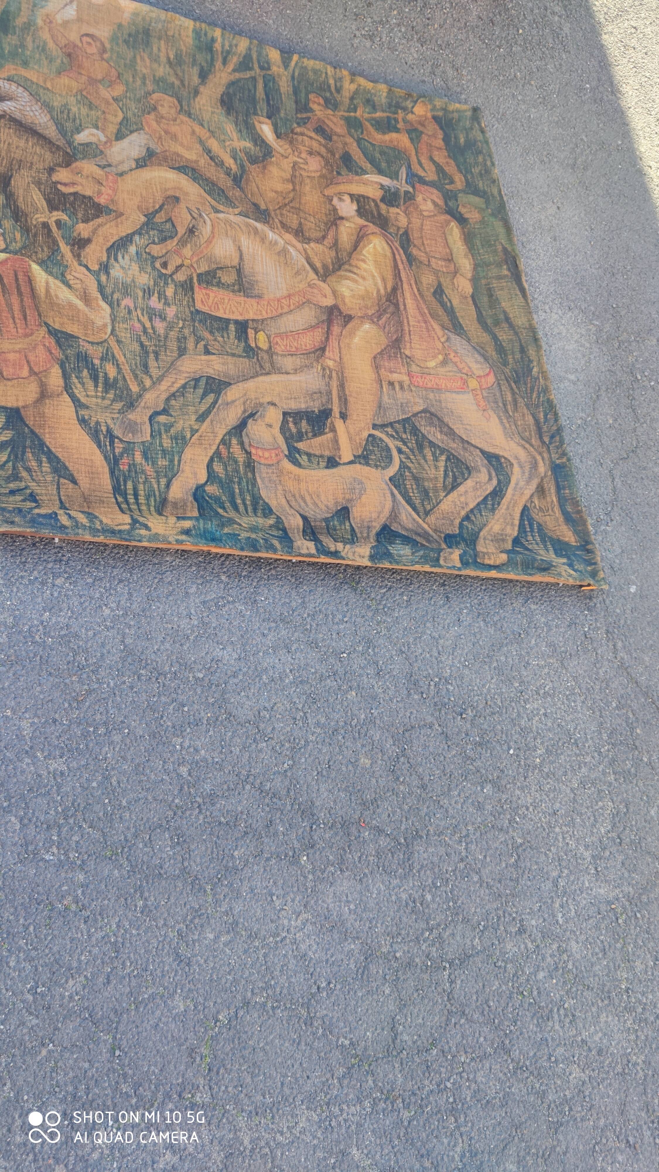 Painted burlap canvas depicting a medieval hunting scene circa 1950 by André Pierre BOURBIOUX, known as "Boul"