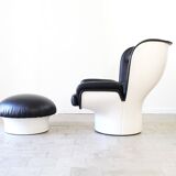 Joe Colombo Elda Chair + Ottoman in Black Leather and White Fiberglass Shell