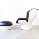 Joe Colombo Elda Chair + Ottoman in Black Leather and White Fiberglass Shell