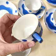 Set of 6 Sarreguemines Digoin earthenware coffee cups with art deco polka dots, 1930s