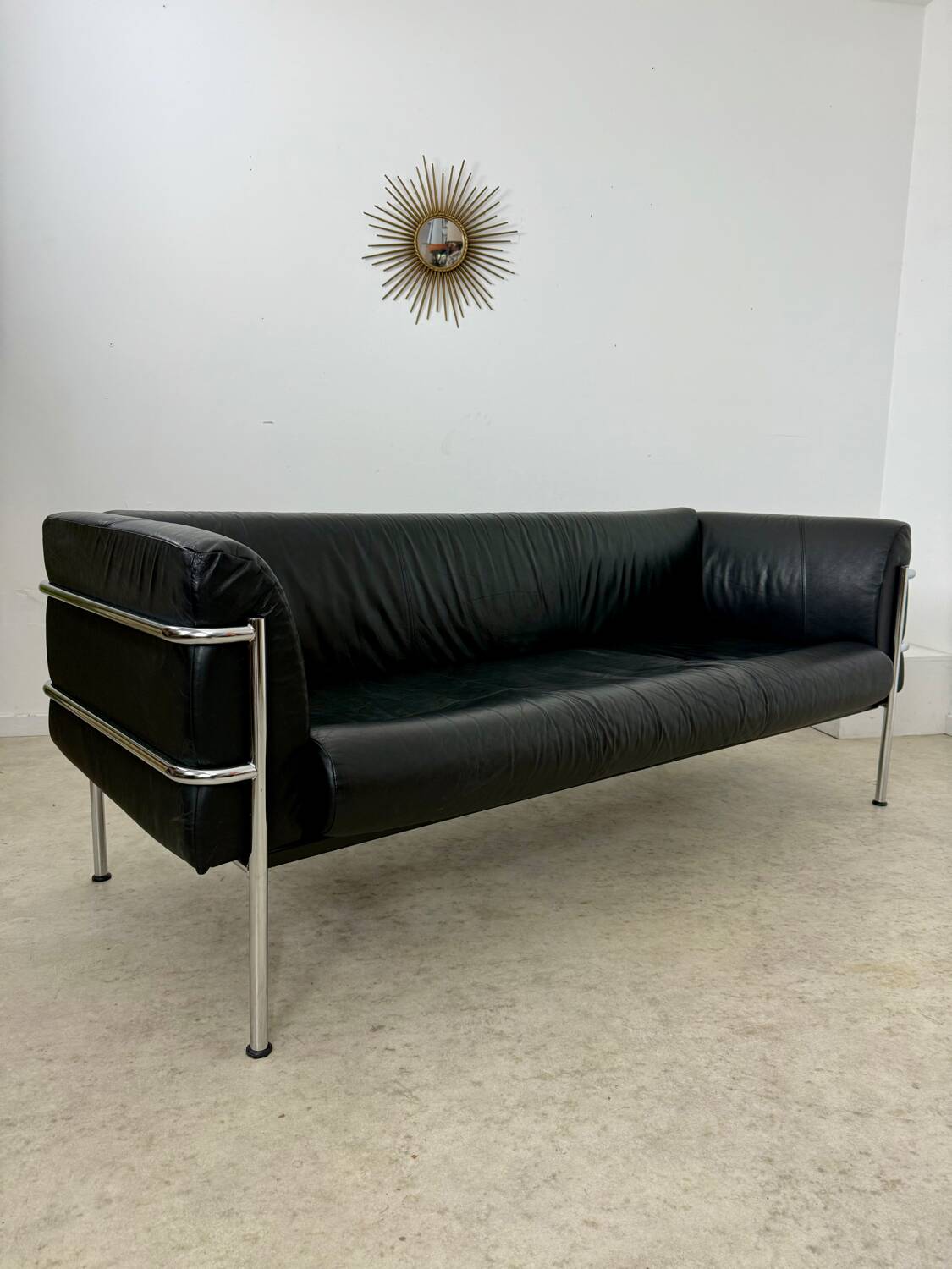 Old 3-seater sofa in tubular and black leather by Kébé, Denmark 1970s