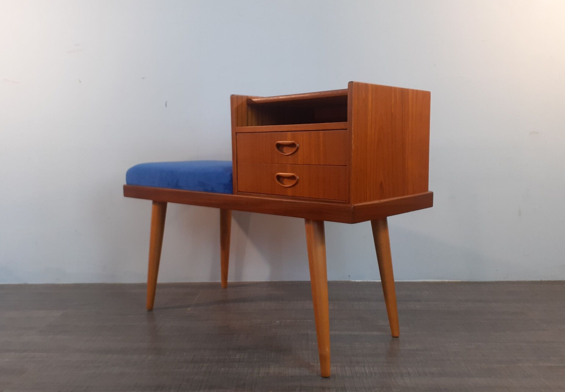Bench Norwegian Phone Teak and blue fabric, Vintage Scandinavian 1970s