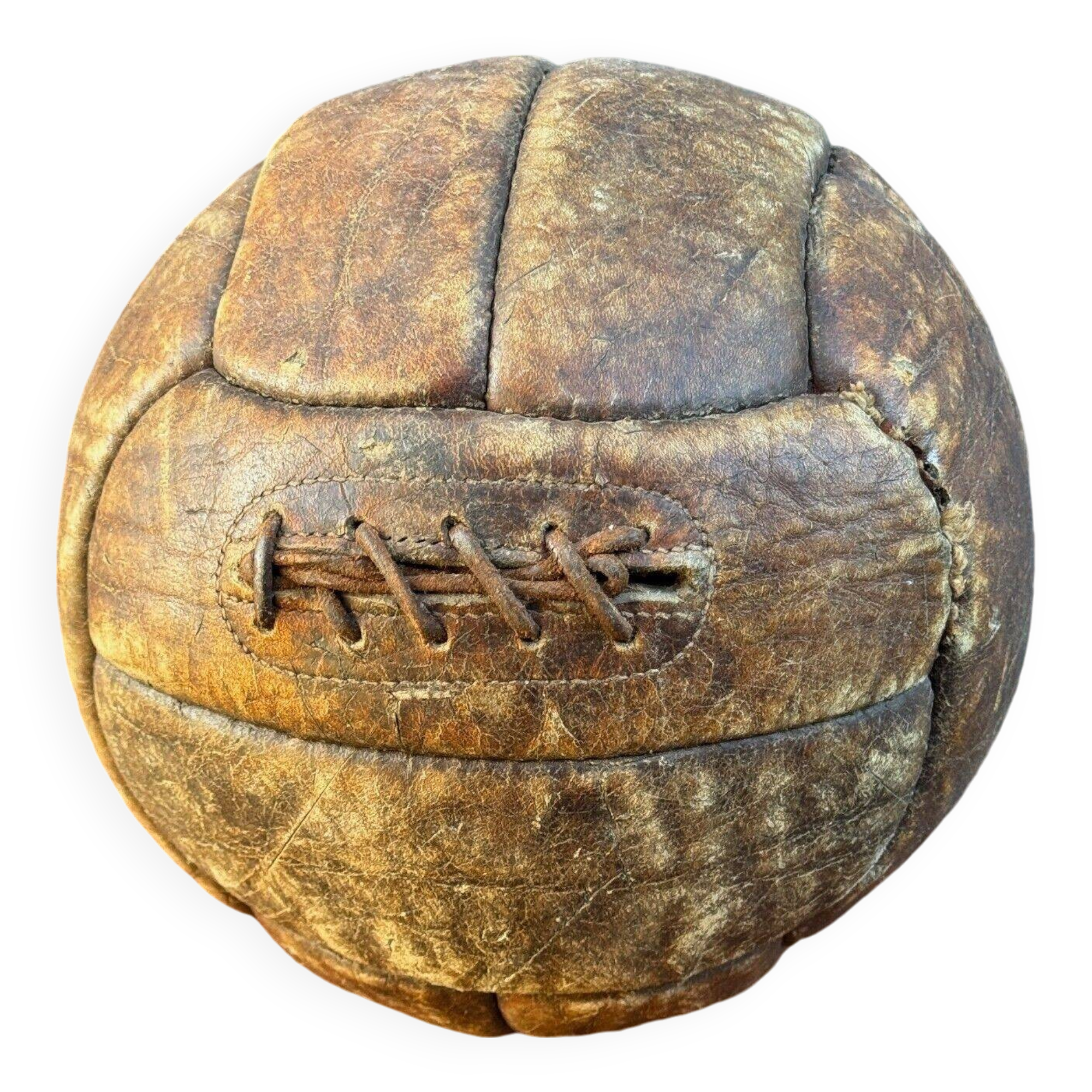 Mid-20th century leather soccer ball with visible stitching and beautiful patina