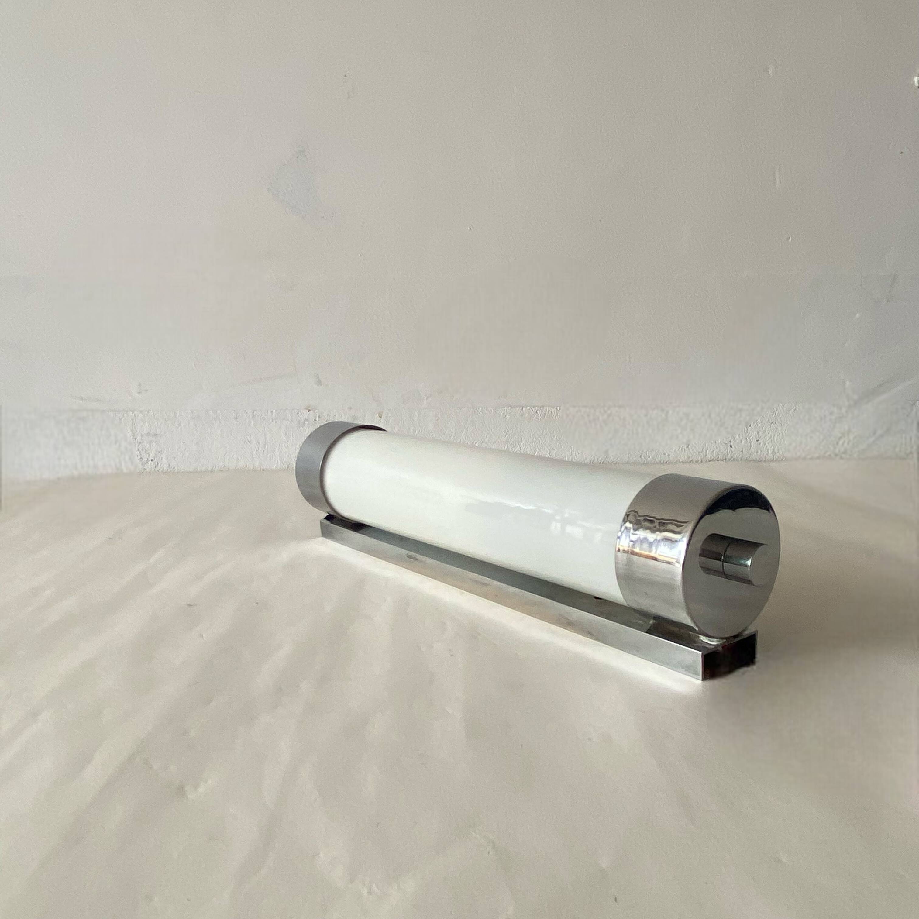 Opaline tube and chrome-plated brass wall lamp