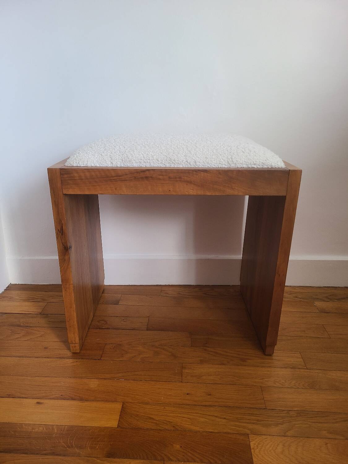 Antique Art Deco piano bench stool rosewood white bouclette fabric