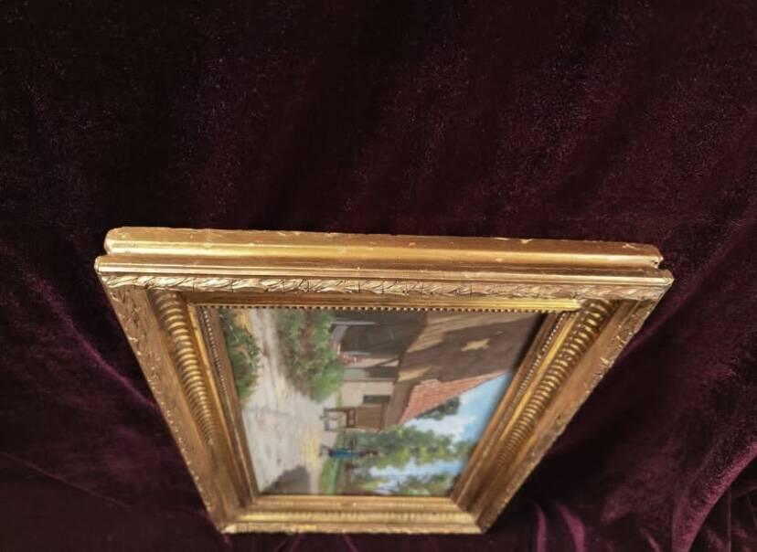 Antique oil painting, french barbizon school, wooden frame