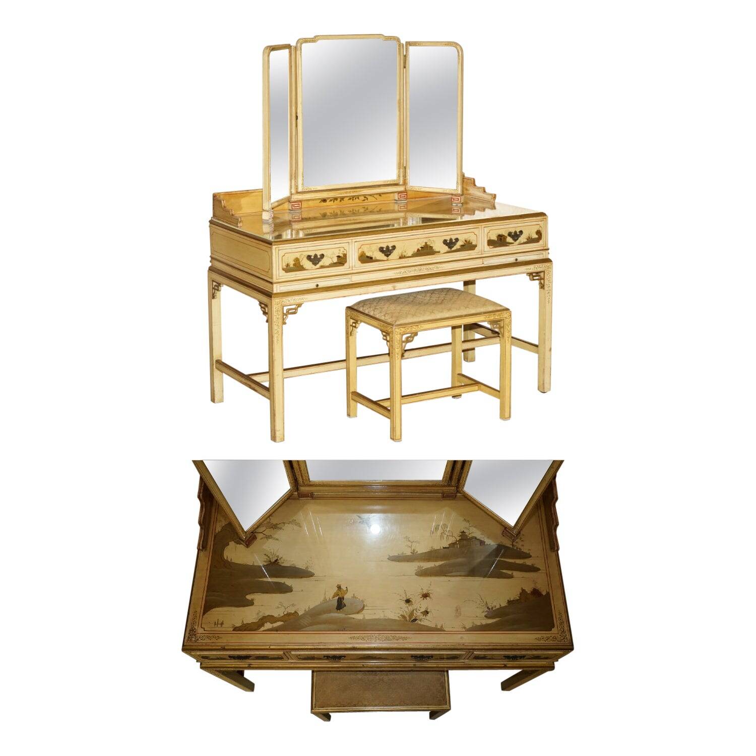 Chinoiserie dressing table in walnut with stool