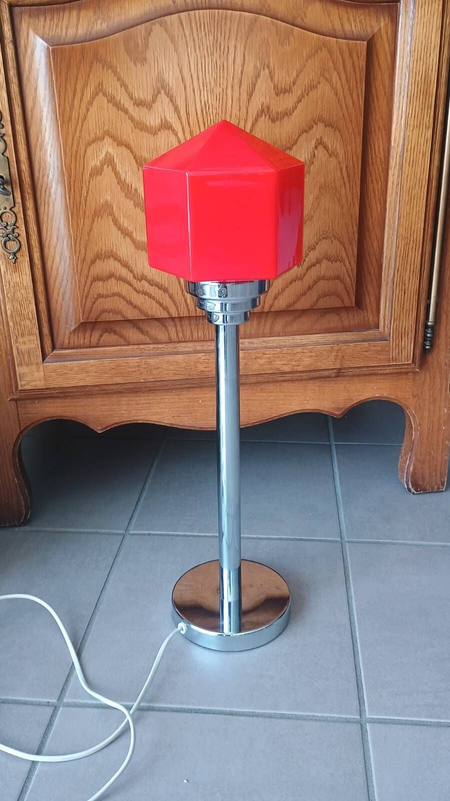 Floor lamp from the 60s/70s, chrome with two opal glass tulips in red and green.