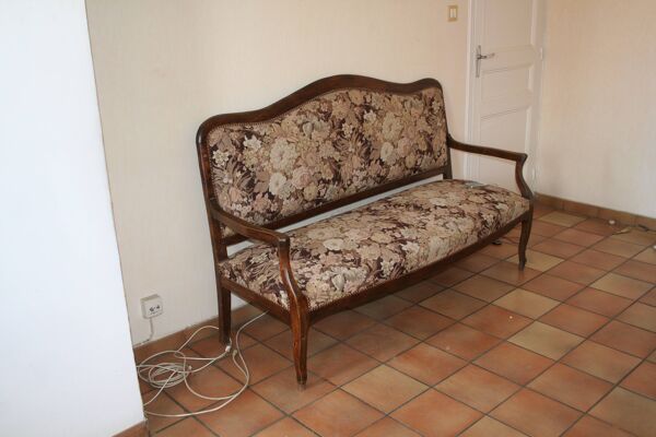 Ancienne banquette provençale tissu cloute & bois massif 3 places