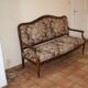 Old Provençal bench with studded fabric & solid wood, 3 seats.