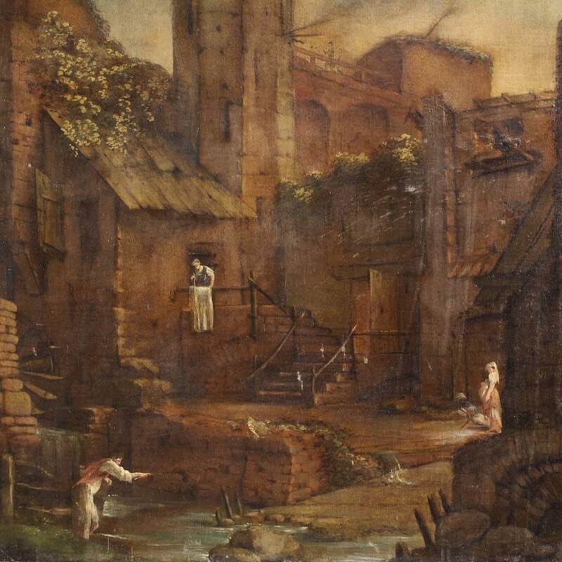 Antique Spanish landscape painting from the 18th century