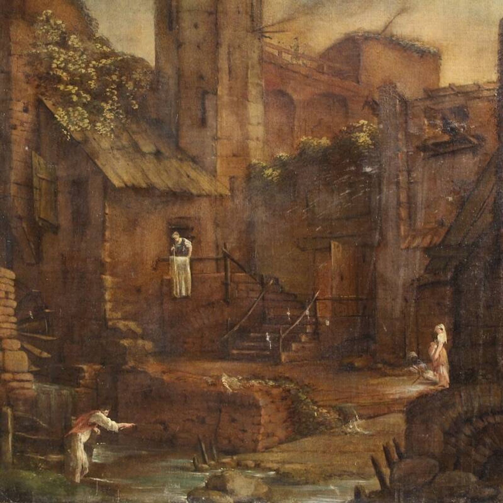 Antique Spanish landscape painting from the 18th century