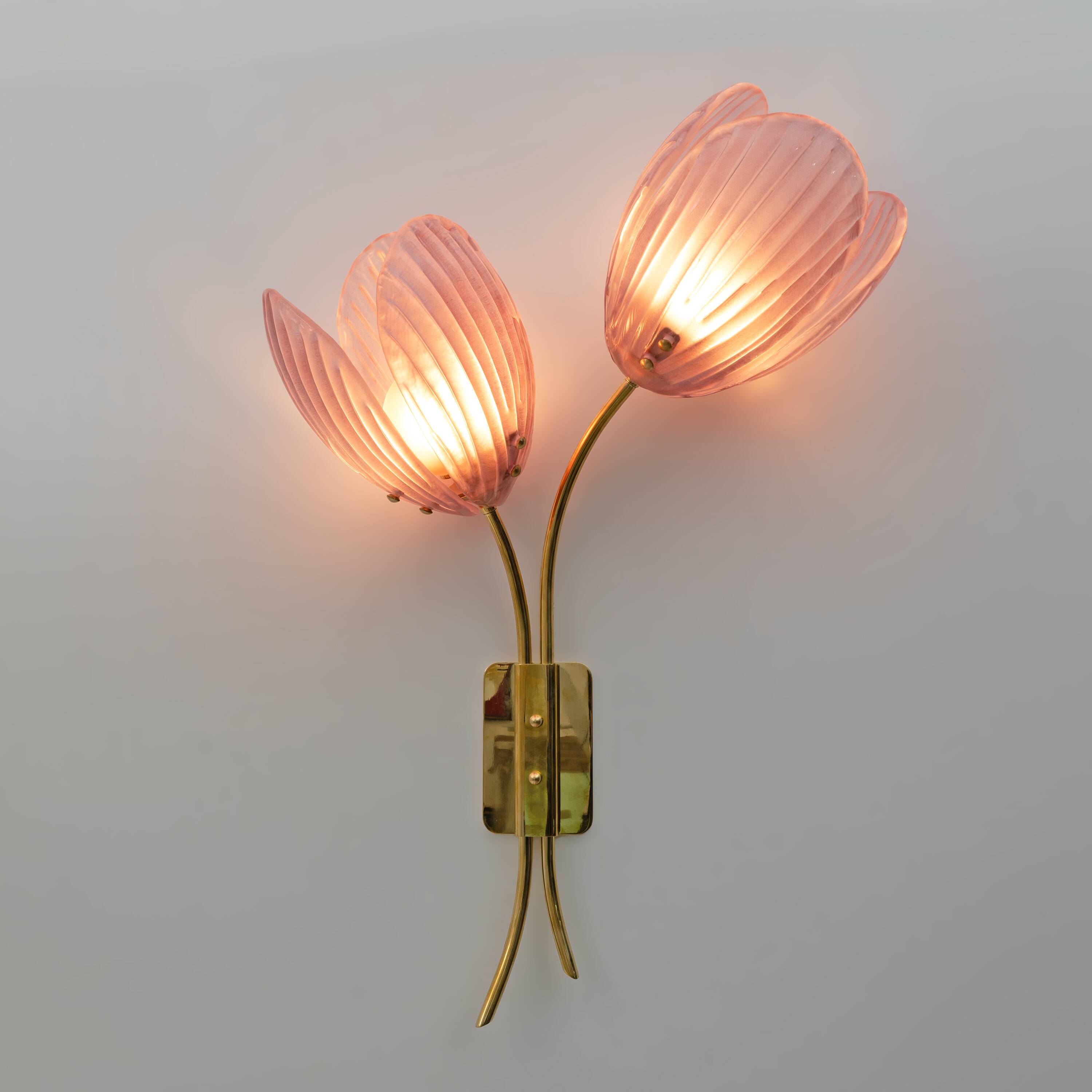 Pair of Tulips Murano Glass and Brass Sconces