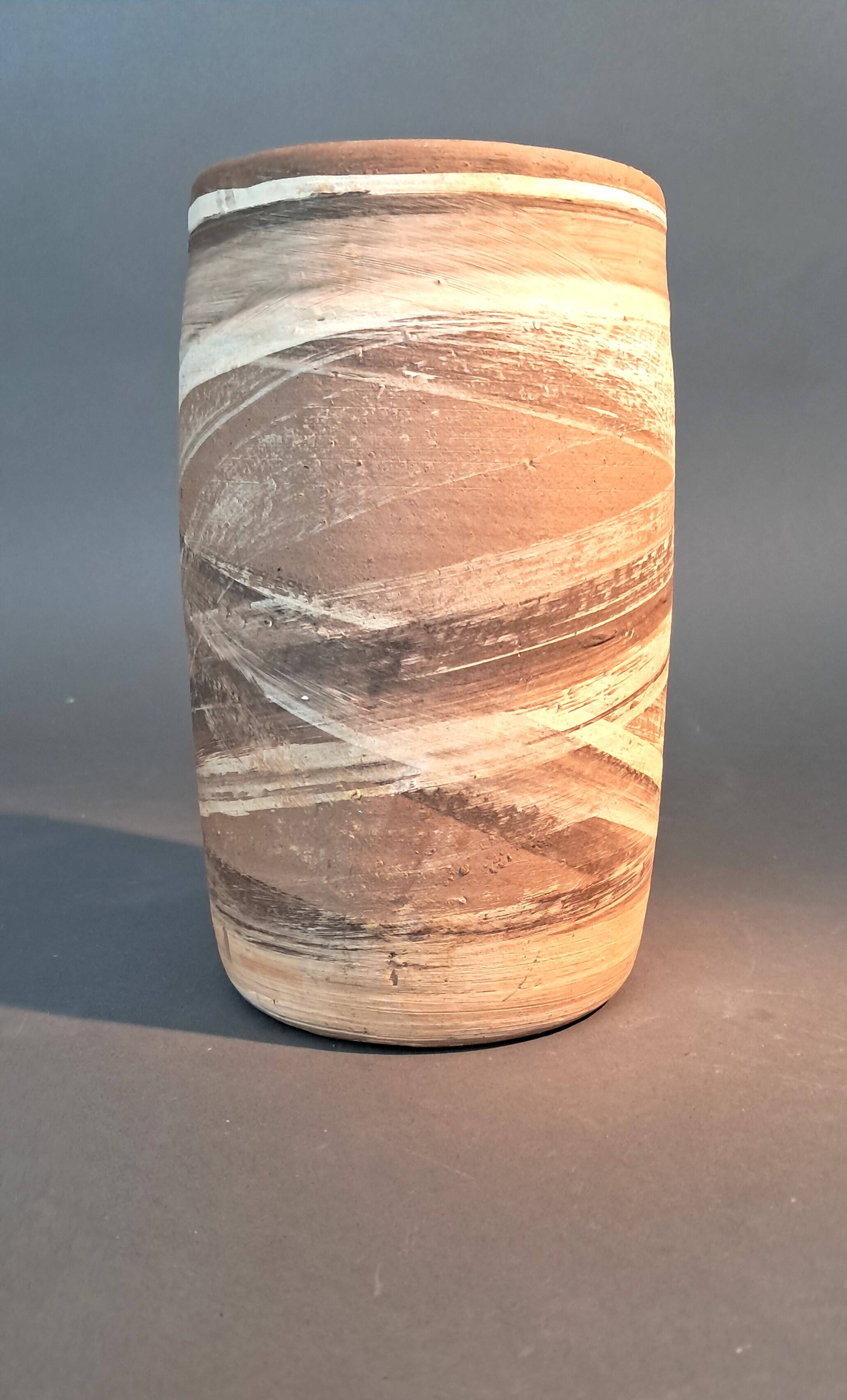 Painted terracotta scroll vase, La Borne circa 1960 by Anne-Marie Sybsema de Bay.