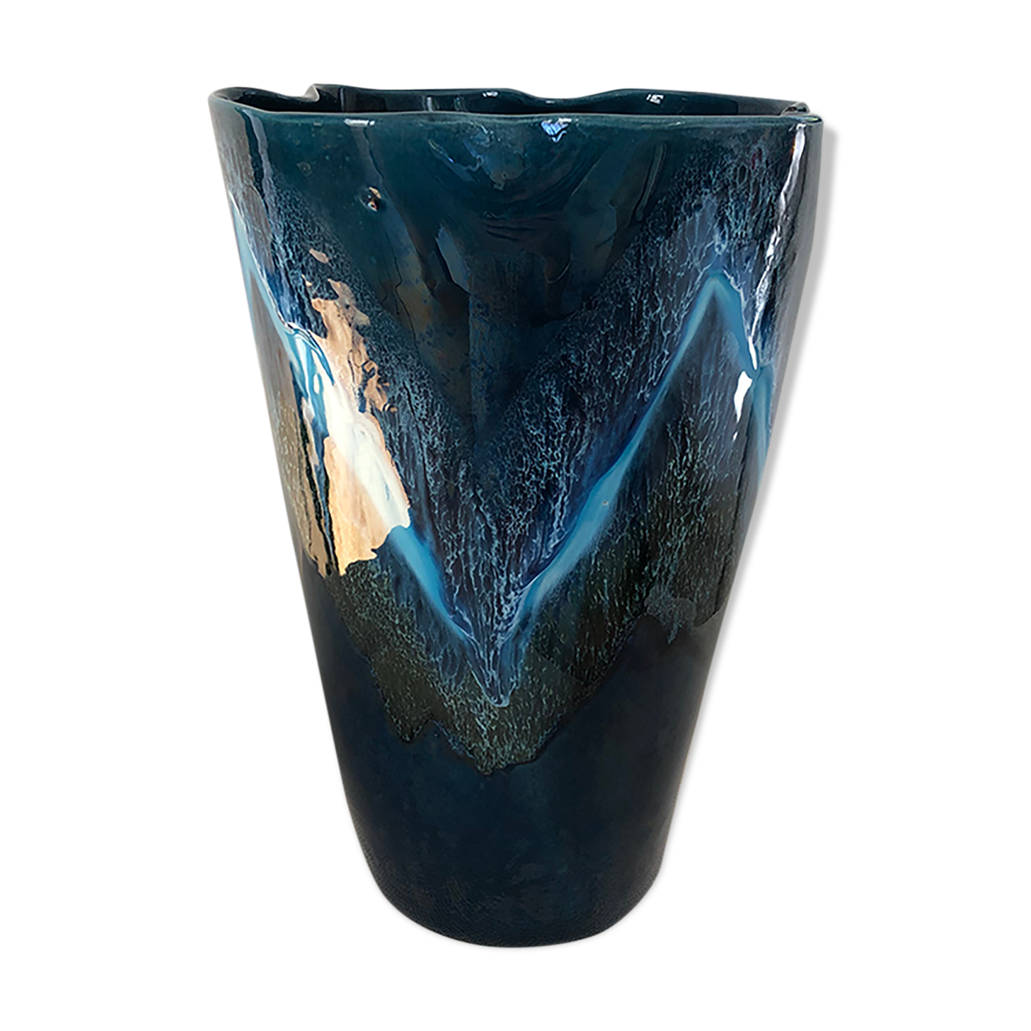 High ceramic vase glazed vintage blue