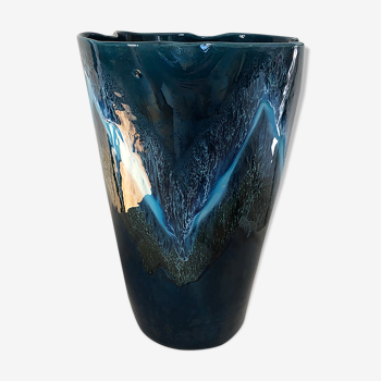Vase haut céramique émaillée bleu vintage