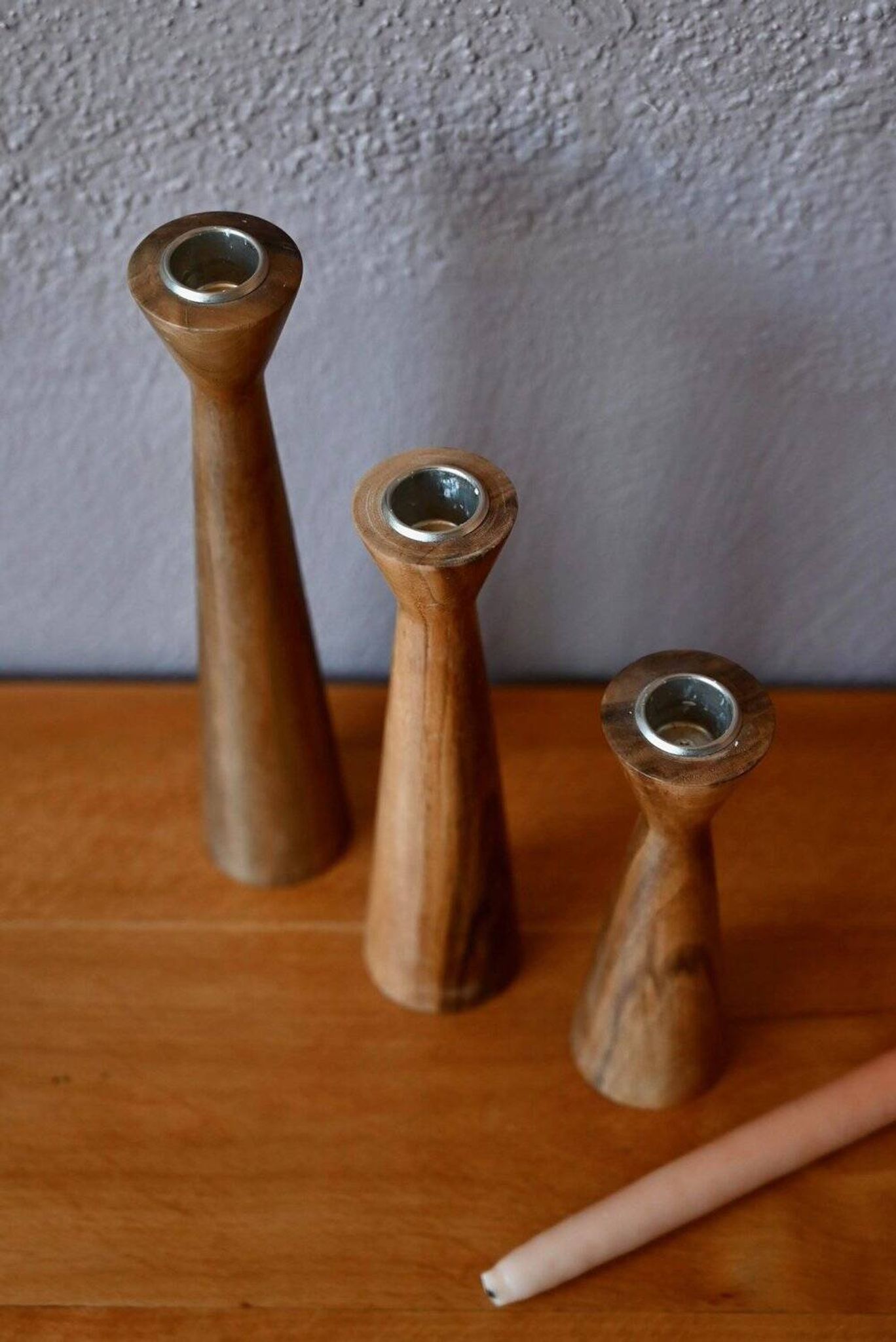 Set of three turned wooden candlesticks, Danish Scandinavian design, 1960s.
