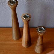 Set of three turned wooden candlesticks, Danish Scandinavian design, 1960s.