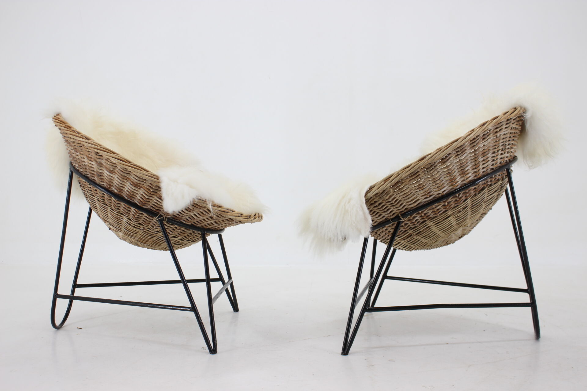 1960s Pair of Rattan Woven Basket Chair with Icelandic Sheepskin