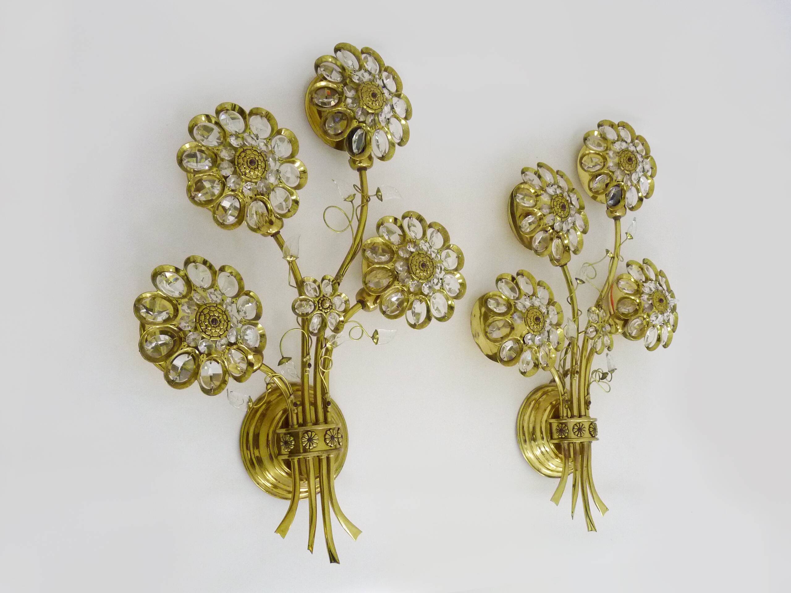 Large pair of vintage Palwa crystal and brass flower wall lights with 4 lights. 70s